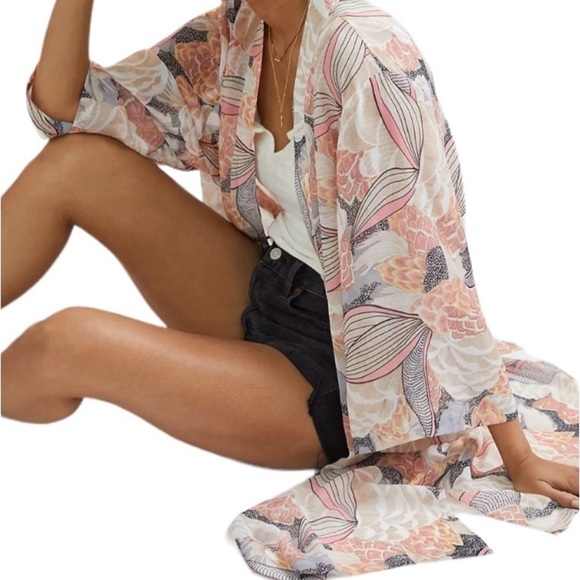 Anthropologie Pink/Tan Floral Kimono 3/4 Sleeve One Size - Picture 1 of 11
